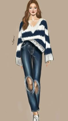 a drawing of a woman wearing ripped jeans and a striped sweater with high heels on her feet