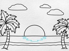 a drawing of two palm trees on the beach