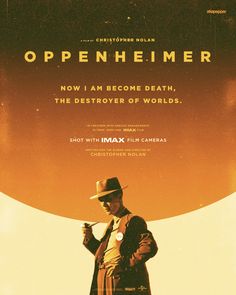 the poster for open heimer shows a man in a hat and trench coat