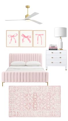 a bedroom with pink furniture and accessories on the walls, including a bed, dresser, rug