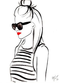 a black and white drawing of a woman wearing sunglasses with her hair in a bun