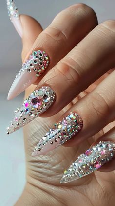 44 Crystal Nails Designs That Will Make You Sparkle and Shine 12 Queen Nails, Plain Nails, Fantasy Nails, Gem Nails, Sparkle And Shine, Crystal Nails, Bling Nails, Funky Nails, Crystal Flower