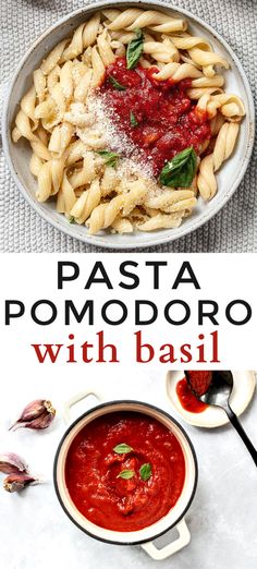 pasta with basil sauce in a white bowl on top of a table next to an empty pan