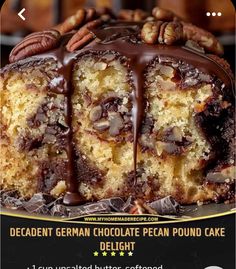 a chocolate pecan pound cake with nuts on top