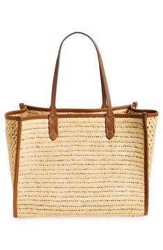 Panels of woven and crocheted raffia bring a summery sensibility to this spacious tote designed with logo topstitching and leather trim. Open top Shoulder straps Exterior zip pockets Interior wall pockets Structured silhouette with flat base for stability Raffia/leather Imported Designer Handbags Neutral Straw Bag With Braided Handles For Shopping, Luxury Brown Crochet Bag For Summer, Neutral Woven Straw Bag For Shopping, Luxury Open Weave Straw Bag For Summer, Casual Straw Bag With Leather Trim For Vacation, Luxury Summer Straw Bag With Open Weave, Chic Crochet Bag With Intrecciato Weave In Natural, Chic Natural Crochet Bag With Intrecciato Weave, Natural Crochet Bag With Intrecciato Weave For Travel