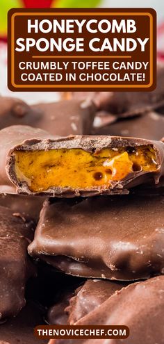 chocolate covered candies are stacked on top of each other with the words honeycomb sponge candy