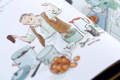 an open children's book with illustrations of people cooking