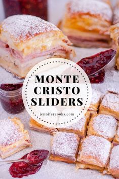 some desserts that are sitting on top of each other with the words monte cristo sliders above them