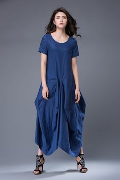 Blue Linen Dress - Long Maxi Short-Sleeved Loose-Fitting Asymmetrical Designer Dress with Large Pockets  C883 Blue Asymmetrical Casual Maxi Dress, Blue Short Sleeve Lagenlook Dress, Casual Blue Asymmetrical Maxi Dress, Blue Linen Short Sleeve Maxi Dress, Blue Linen Maxi Dress With Short Sleeves, Lagenlook Linen Dress With Asymmetrical Hem, Casual Linen Dress With Asymmetrical Hem, Casual Asymmetrical Linen Dress, Dress For Autumn