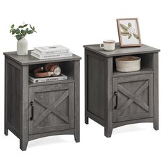 two wooden nightstands with one open and the other closed, both side by side