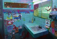 a bathroom with graffiti on the walls and sink