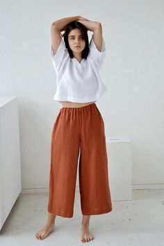 Linen Pants Linen Culottes Woman's Terracotta Casual - Etsy Brown Linen Wide Leg Bottoms, Brown Wide Leg Linen Bottoms, Brown Linen Wide Leg Pants For Spring, Spring Brown Linen Wide Leg Pants, Brown Linen Relaxed Fit Wide Leg Pants, Brown Relaxed Fit Linen Wide Leg Pants, Brown Linen Wide Leg Pants With Pockets, Brown Linen Wide Leg Pants For Summer, Sewing Wardrobe