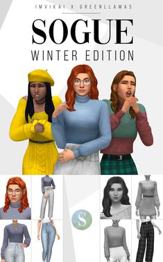 an image of some women in different outfits and colors, with the text soggue winter