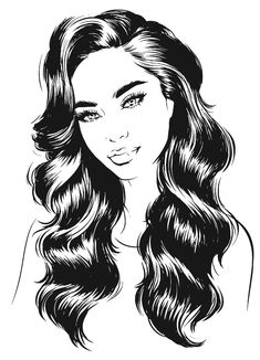 a black and white drawing of a woman's face with long wavy hair,