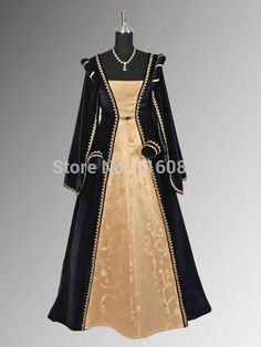 Renaissance Dress Handmade from Velvet and Brocade Dark Blue and Gold Yellow Medieval Dress, 17th Century Dress, Victorian Style Clothing, Theatrical Costumes, Blue And Gold Dress, Marie Stuart, Elizabeth Bathory, Antique Dresses, Queen Of Scots