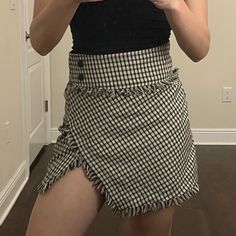 Checkered Mini Skirt With Frayed Bottom From Bershka. Size Small Fits More Like An X-Small. Brand New Without Tags. Checkered Mini Skirt, Zara Skirts, Walker Boots, Fit N Flare Dress, Rain And Snow Boots, Black Cream, Fit & Flare, Trending Accessories, Jean Coat