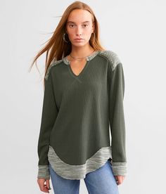 BKE Waffle Knit Top - Green Large, Women's Olivegreen Pieced raw edge v-neck top Bust measures 40 on size small Body length 27 on size small. Self: 98% Polyester 2% Spandex. Contrast: 65% Polyester 30% Rayon 3% Spandex. Hand wash cold. Do not bleach. Lay flat to dry. Cool iron if needed.. Measurements: Bust -Fullest part of bust with arms at sides. Waist -Circumference of natural waist: above belly button below rib cage. Hips -Standing with feet together fullest part of hips. WOMEN'S TOP SIZE CO Casual Green V-neck Knit Top, Green V-neck Knit Top For Fall, Textured Knit V-neck Top For Layering, Casual Ribbed V-neck Sweater For Layering, Green Waffle Knit Long Sleeve Top, Waffle Knit V-neck Tops, Fall Waffle Knit V-neck Top, Casual V-neck Knit Top With Ribbed Neckline, V-neck Waffle Knit Tops For Layering