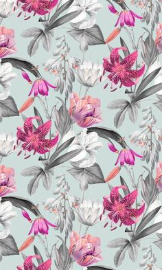 a floral pattern with pink and white flowers on a light blue background is featured in this image