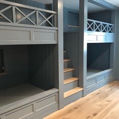 there is a bunk bed in the middle of this room with built - in shelves