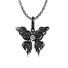 Like a nocturnal butterfly emerging from the shadows, this necklace encapsulates the allure of the night. Adorned with a pristine white gemstone, this exquisite piece is crafted from sterling silver and coated with a sleek black electroplating, embodying the essence of the dark aesthetic. Its intricate design showcases the delicate wings of the butterfly, meticulously crafted to evoke a sense of mystery and enchantment.Width: 19 mmHeight: 20.7 mmMaterial: 925 SilverStone Type: Jeulia® StonePlati Elegant Black Butterfly Charm Necklace, Elegant Black Butterfly Necklace, Formal Butterfly Charm Pendant Necklace, Formal Necklace With Butterfly Charm Pendant, Formal Pendant Necklace With Butterfly Charm, Elegant Black Necklace With Butterfly Charm, Elegant Black Butterfly Necklace Gift, Black Butterfly-shaped Jewelry For Gift, Black Butterfly Jewelry For Gift