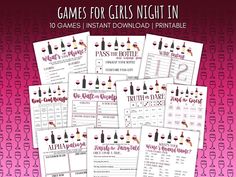 games for girls night in with wine bottles and glasses on the table, surrounded by pink background