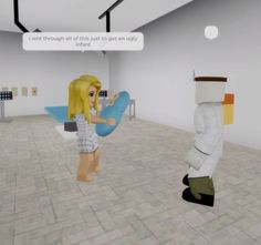 two animated people in a room with white walls