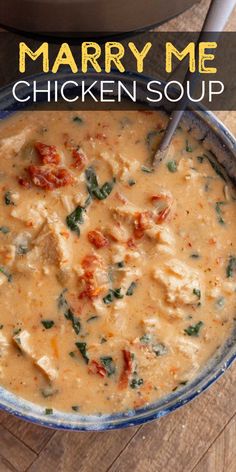 a bowl filled with chicken and spinach soup