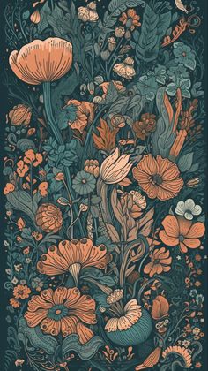 Cell phone wallpaper, orange and teal illustration of flowers bohemian aesthetic Bohemian Wallpaper Iphone, Bohemian Phone Wallpaper, Bohemian Aesthetic Wallpaper, Wallpaper Backgrounds Floral, Phone Wallpaper Orange, Orange Phone Wallpaper, Teal Illustration, How To Start Painting, Bohemian Wallpaper