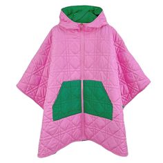 Alpha Kappa Alpha Sorority Paraphernalia Women's Puffer Cape. Women's Pink Puffer Quilted Hoodie Cape Featuring Green Front Pockets, Zipper Closure, and Green Lined Interior. Cape Has 2 Snaps Down Each Side to Create Sleeves. 100% Polyester. Machine Wash Cold. Tumble Dry Low.