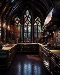 a large kitchen with an arched window and tile flooring is lit by lights from the windows