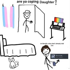 an image of a man in bed with his cat looking at him and the caption says, are ya coping daughter?