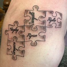 Meaningful Grandchildren Tattoo Jigsaw Puzzle Piece Tattoo, Puzzle Tattoo Family, Puzzle Piece Tattoo Family, Jigsaw Puzzle Tattoo, Puzzle Tattoo Ideas, Family Tattoos Ideas, Jigsaw Tattoo, Puzzle Tattoo