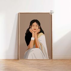 a woman with her hand on her face sitting in front of a framed poster that says,