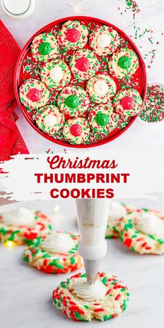 christmas thumbprint cookies on a cookie sheet and in a red bowl with sprinkles