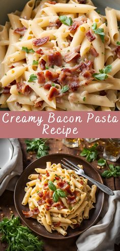 creamy bacon pasta with parmesan cheese and fresh herbs is an easy dinner recipe that's ready in under 30 minutes