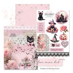 some pink paper with flowers and pictures on it, including roses in the background is an image of a cat wearing a witch hat