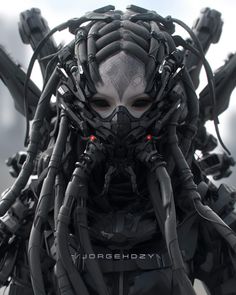 an alien woman with long black hair and red eyes, wearing a futuristic suit that looks like it has many wires attached to her head