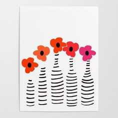 an image of flowers in vases on a white background with black and red lines