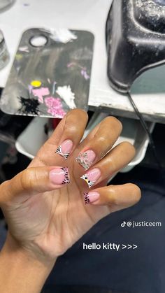 Long Duck Nails With Charms, Duck Nails Acrylic Short, Short Nail Set Ideas, Cheetah Print French Tip Nails, Short Pink Nails Designs, Duck Nail Ideas, Hello Kitty Nail Set, Cute Short Nail Sets, Cute Duck Nails