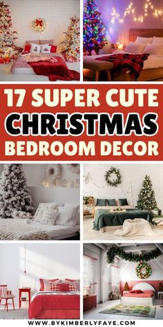 christmas bedroom decor ideas with red and green decorations on the walls, bedding and pillows