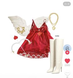 a red dress and white boots with angel wings on them are all part of the outfit