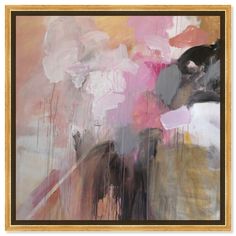 an abstract painting with pink, yellow and grey colors