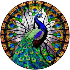 a stained glass window with a peacock in it's center and colorful feathers on the side