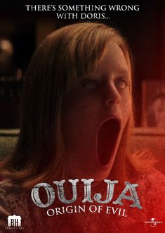 the poster for ouja origin of evil, which features an image of a woman with her mouth open