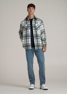 A Flannel Overshirt Built for the Tall Outdoorsman Flannel That Fits Your Tall Frame Embrace the outdoors in style with our lined Brushed Flannel Overshirt. Designed for the tall guy who loves a bit of adventure, this shirt for tall men combines warmth with functional fashion. The flannel overshirt is pre-washed to prevent shrinkage and ensure a consistent fit, making this men's tall shirt the ideal layer for cooler days. Double chest patch pockets and a banded collar add to its rugged appeal.• Winter Casual Outdoor Shirt, Casual Winter Outdoor Shirt, Winter Outdoor Shirt With Relaxed Fit, Winter Outdoor Relaxed Fit Shirt, Relaxed Fit Shirt For Outdoor Winter, Casual Flannel Shirt For Outdoor, Casual Relaxed Fit Shacket For Outdoor, Casual Outdoor Shacket With Relaxed Fit, Casual Shacket For Outdoor With Relaxed Fit