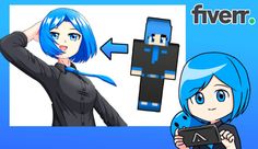 a woman with blue hair holding a tablet computer next to an image of a pixel character