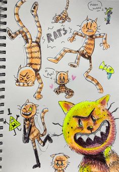 a drawing of cats with different facial expressions and body parts, all drawn in colored pencil