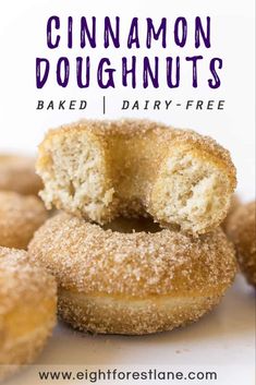 cinnamon doughnuts stacked on top of each other with the words baked dairy - free