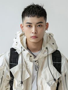 a young man with black hair wearing a white jacket and hoodie looking at the camera