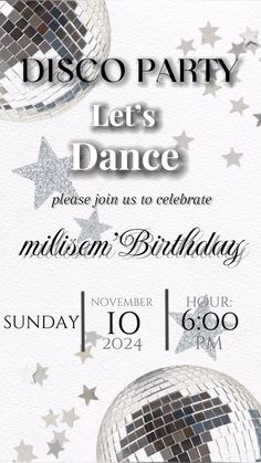 disco party flyer with silver stars and disco ball on it's back, says let's dance please join us to celebrate millennium birthday